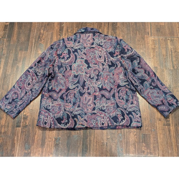 Vintage Paisley Tapestry Jacket Womens L Petite Navy Zip Textured Long Sleeve - Picture 2 of 10